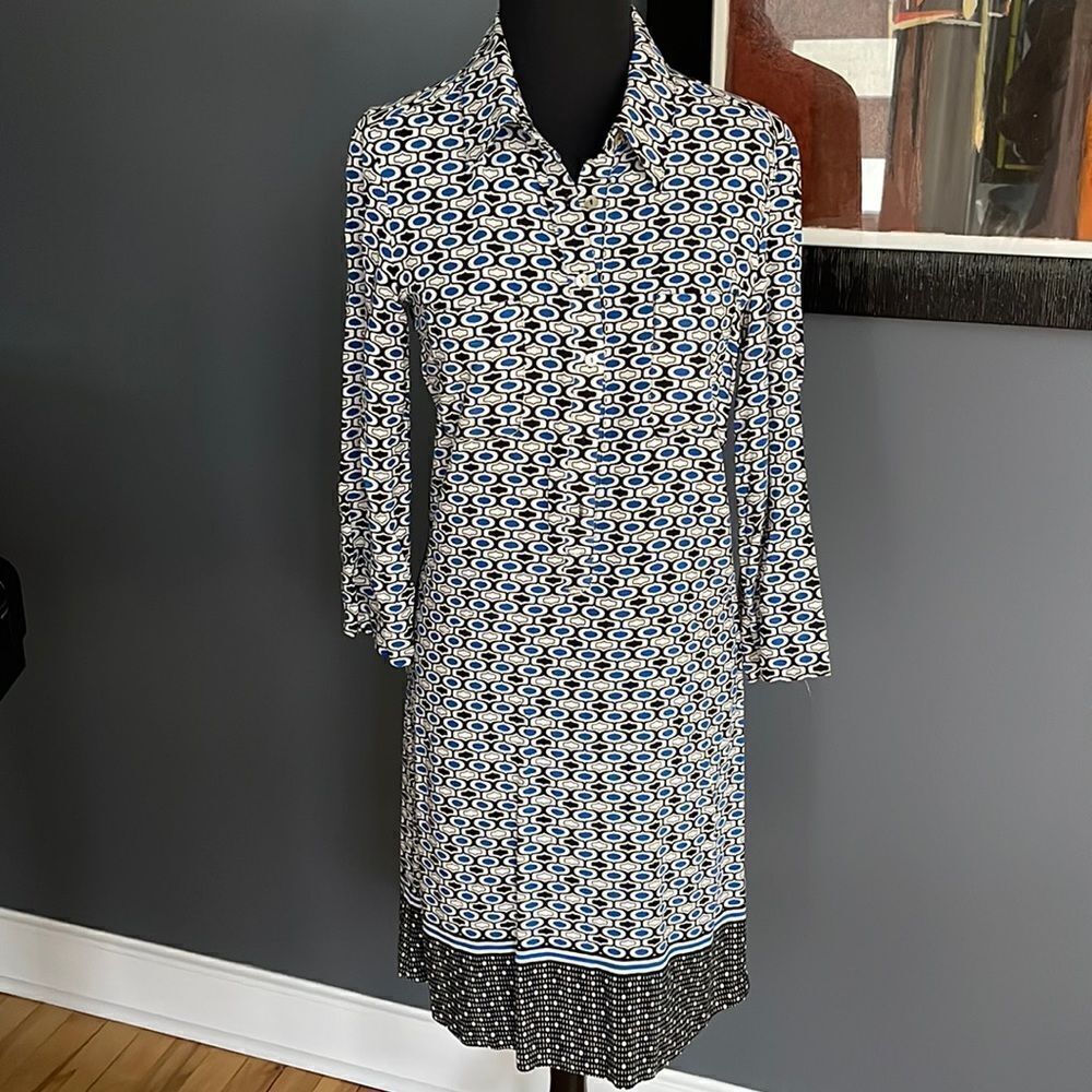 Max Studio Blue White Black Geometric Midi Dress